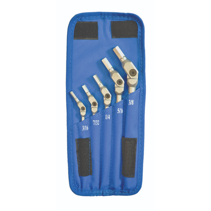 A set of  5 Bondhus Hex Pro Pivot Wrenches with long handles and a chrome finish. packed in a blue heavy duty fabric case with velcro closure
