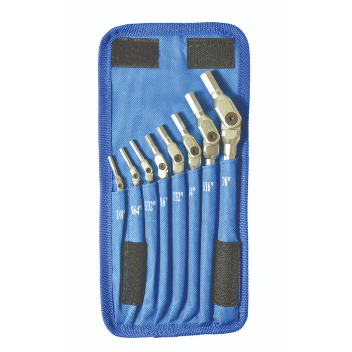 A set of  8 Bondhus Hex Pro Pivot Wrenches with long handles and a chrome finish. packed in a blue heavy duty fabric case with velcro closure