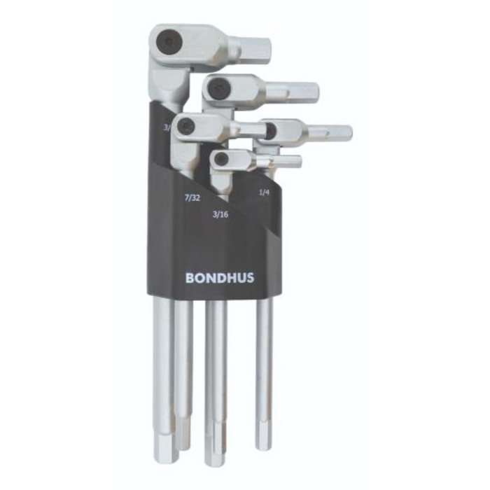A set of 5 Bondhus Hex Pro Pivot Wrenches with long handles and a chrome finish. all packed in a black holder
