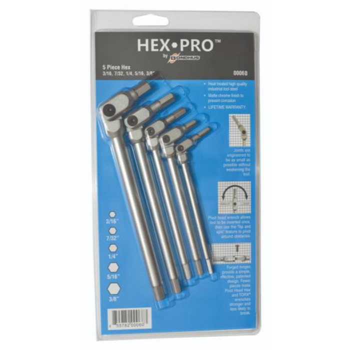 A set of 5 Bondhus Hex Pro Pivot Wrenches with long handles and a chrome finish. Packed in a clear plastic blister pack
