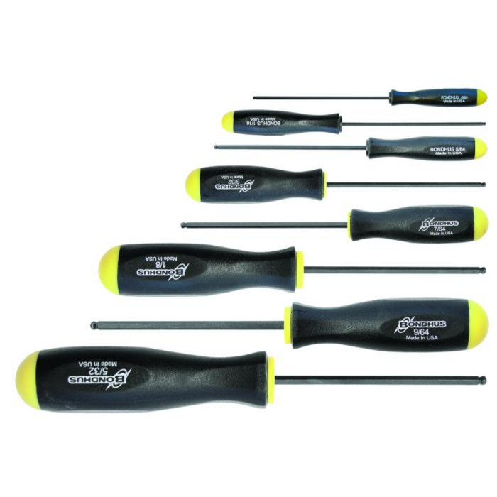 A set of Bondhus Imperial Standard BallEnd Screwdrivers with black and yellow ergonomic handles and silver-colored shafts laid out on a white surface.