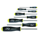 A set of Bondhus Imperial Standard BallEnd Screwdrivers with black and yellow ergonomic handles and silver-colored shafts laid out on a white surface.