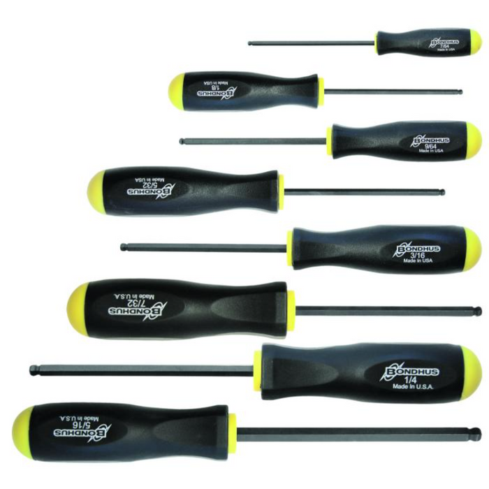 A set of Bondhus Imperial Standard BallEnd Screwdrivers with black and yellow ergonomic handles and silver-colored shafts laid out on a grey surface.