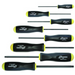 A set of Bondhus Imperial Standard BallEnd Screwdrivers with black and yellow ergonomic handles and silver-colored shafts laid out on a grey surface.