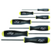 A set of Bondhus Imperial Standard BallEnd Screwdrivers with black and yellow ergonomic handles and silver-colored shafts laid out on a grey surface.