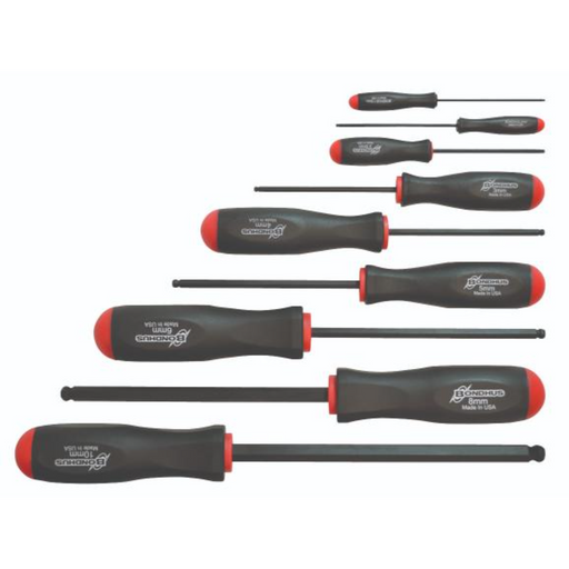 A set of black and red Bondhus metric standard ball end screwdrivers with different sizes.