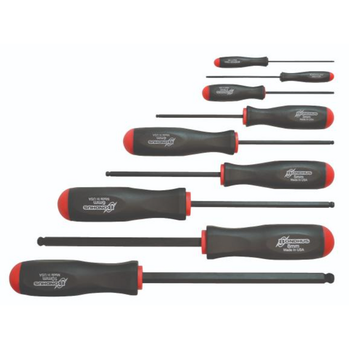 A set of black and red Bondhus metric standard ball end screwdrivers with different sizes.