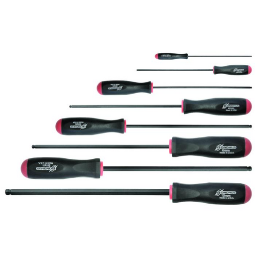 A set of black and red ball end screwdrivers with ergonomic handles and long shafts.