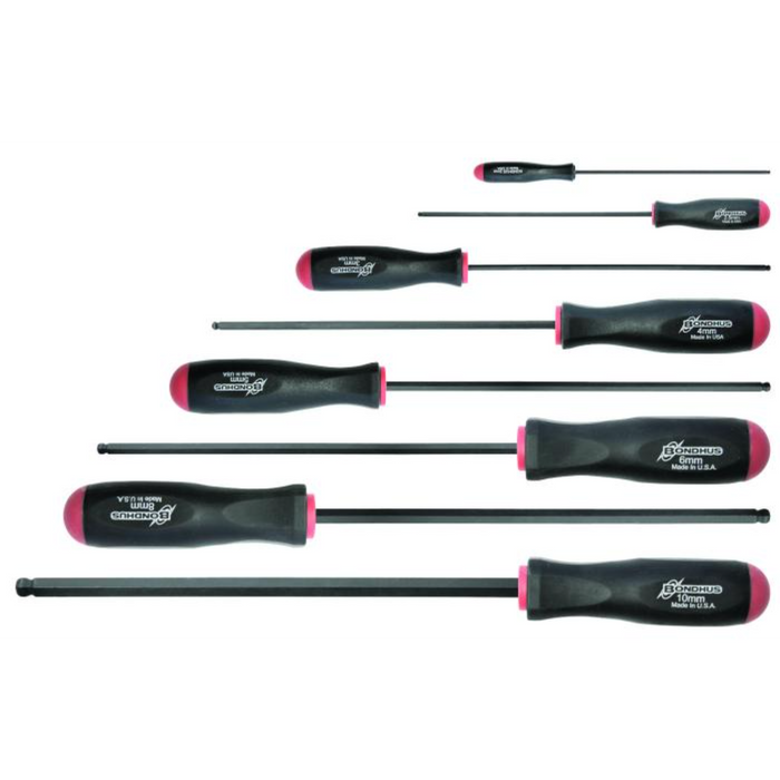 A set of black and red ball end screwdrivers with ergonomic handles and long shafts.