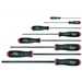 A set of black and red ball end screwdrivers with ergonomic handles and long shafts.