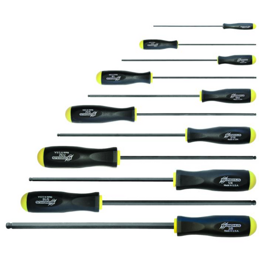 A set of Bondhus Imperial Long BallEnd Screwdrivers with black and yellow ergonomic handles and silver-colored shafts.
