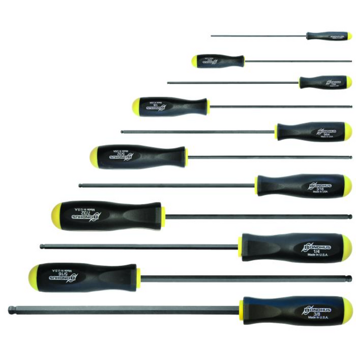 A set of Bondhus Imperial Long BallEnd Screwdrivers with black and yellow ergonomic handles and silver-colored shafts.