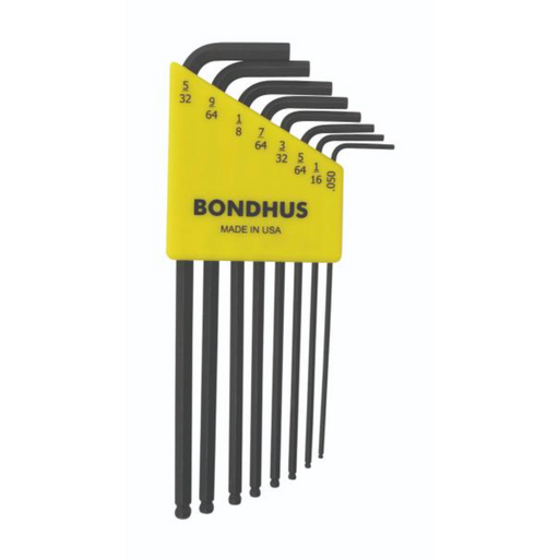 A set of BONDHUS branded ball end hex keys in a yellow and black color scheme, displayed in a row with sizes marked on a yellow label.