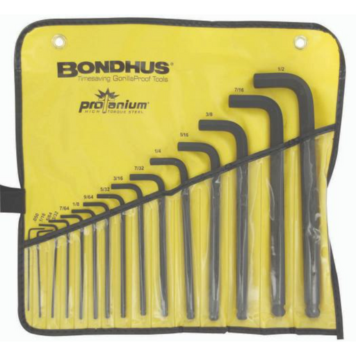 A set of 15 Bondhus ball end hex keys in sizes ranging from 0.050 to 1/2 inch, displayed in a yellow vinyl roll-up pouch with the brand and size labels visible.