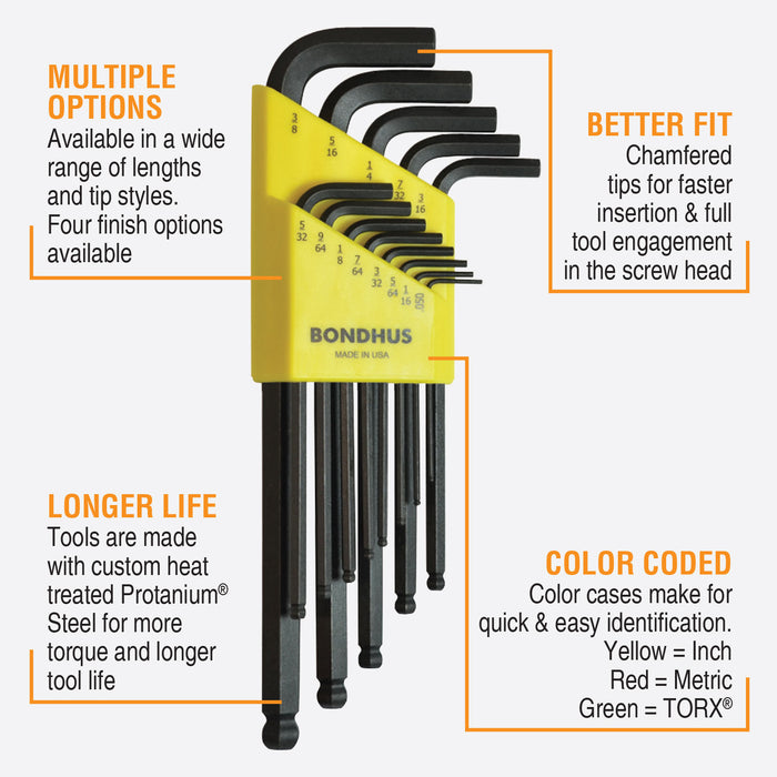 BONDHUS BLX13XL BallEnd Hex Key 13pcs Imperial Set 0.050"-3/8"
