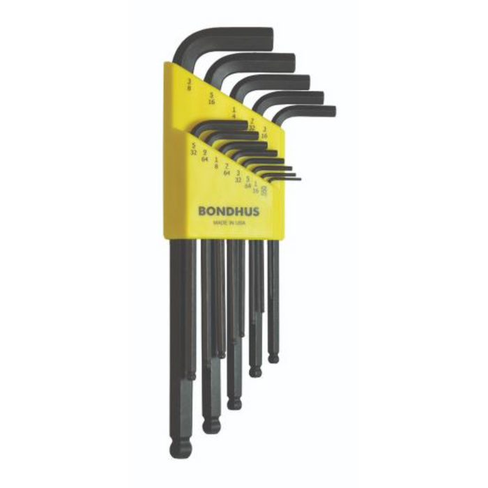 A set of BONDHUS brand ball end hex keys in Imperial sizes, from 0.050 inches to 3/8 inches, displayed in a yellow and black holder.