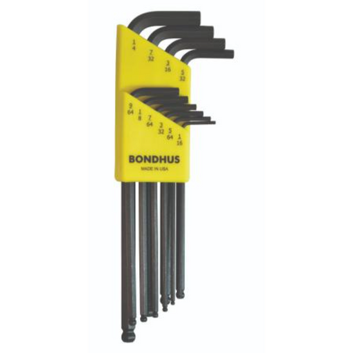 A set of Bondhus ball end hex keys in Imperial sizes, displayed in a yellow and black color scheme.