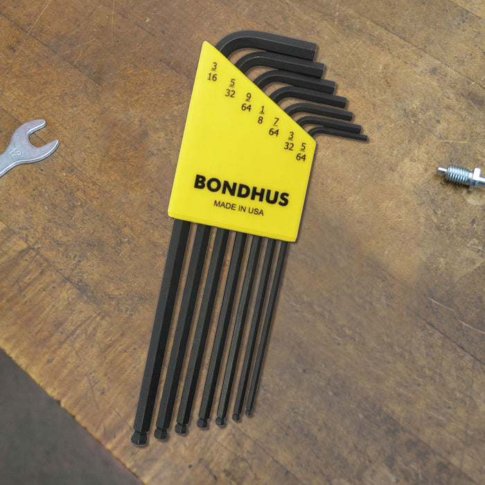 Set of hex keys with a yellow Bondhus label on a wooden surface