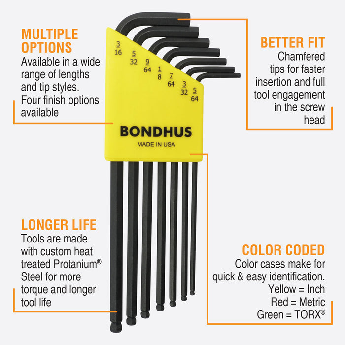 Set of Bondhus hex keys with features highlighted on a white background