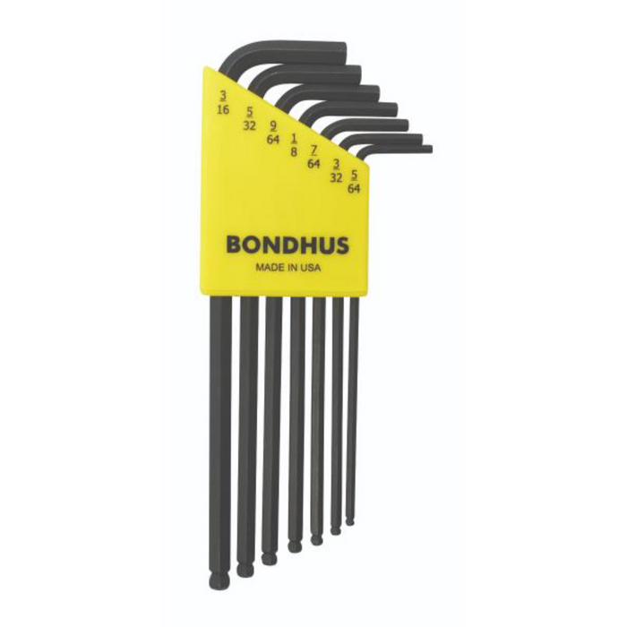 A set of seven black ball end hex keys, sized from 5/64 inch to 3/16 inch, with yellow labeling that includes the Bondhus logo and the text 'MADE IN USA'.