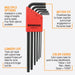 Hex key set with color-coded storage and feature highlights on a white background