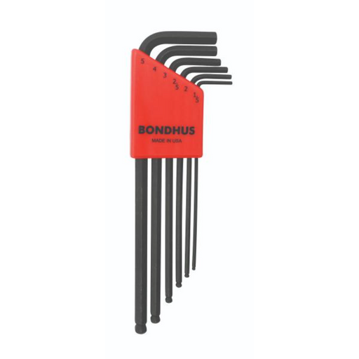 A set of six BONDHUS BLX6M BallEnd Hex Keys in metric sizes, with red and black handles, displayed in a line against a white background.