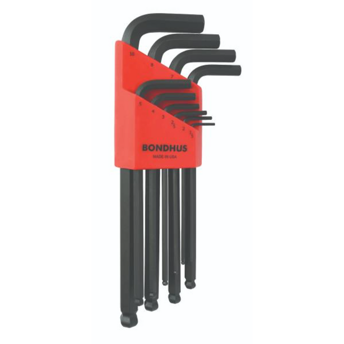 A set of 10 Bondhus ball end hex keys in black and red, with sizes ranging from 1.5mm to 10mm.