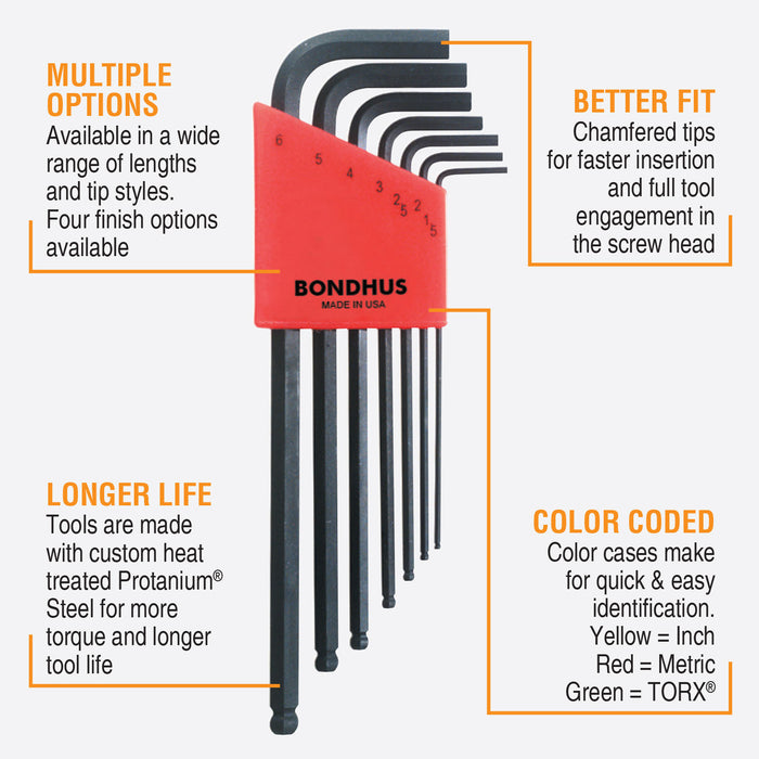 Set of Bondhus hex keys with features highlighted on a white background