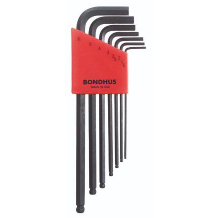 A set of BONDHUS ballend hex keys in sizes 1.5mm to 6mm, with a red and black color scheme and the brand name on a red banner.
