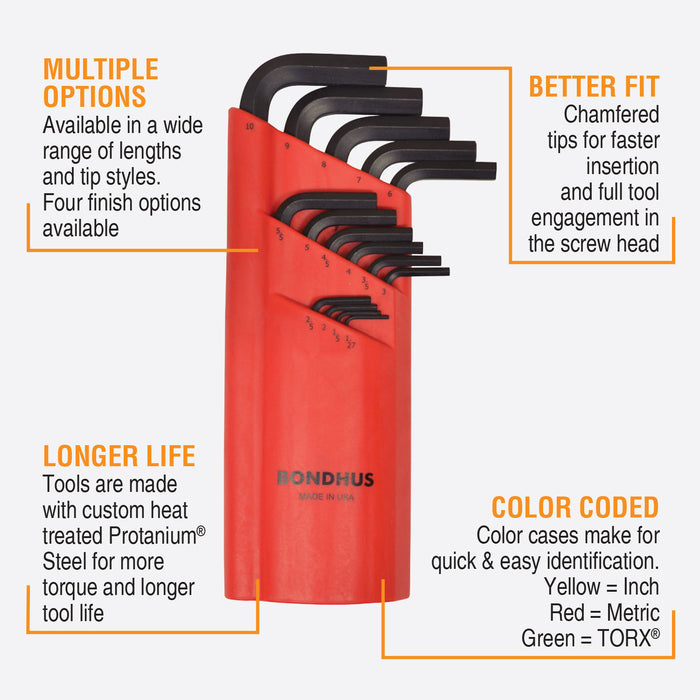 Red hex key set with product features highlighted on a white background
