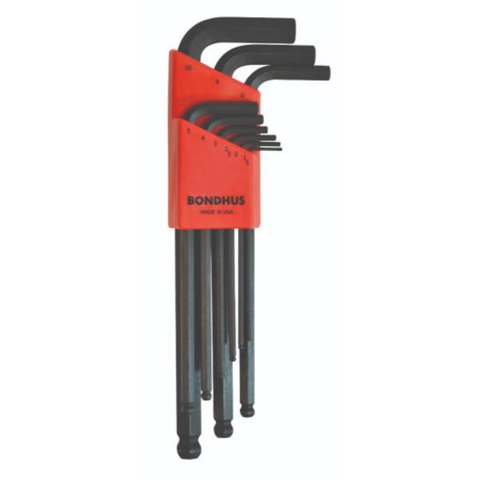A set of BONDHUS brand ball end hex keys in sizes 1.5mm to 10mm, displayed in a red holder with the BONDHUS logo.
