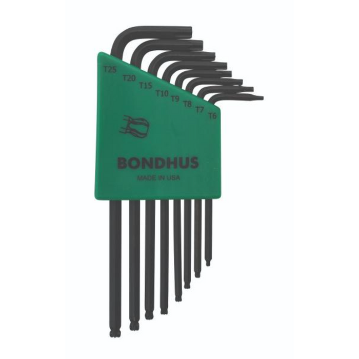 A close-up of a Torx BallStar L-Wrench 8 pc set in a green storage case. T25 to T6 printed on casing