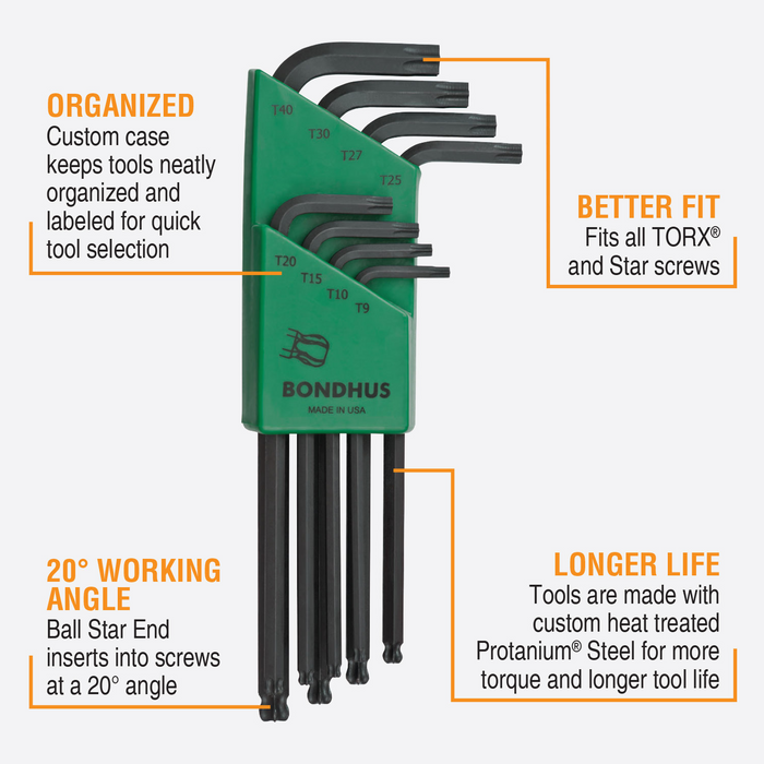 Set of Bondhus hex keys with features highlighted on a white background