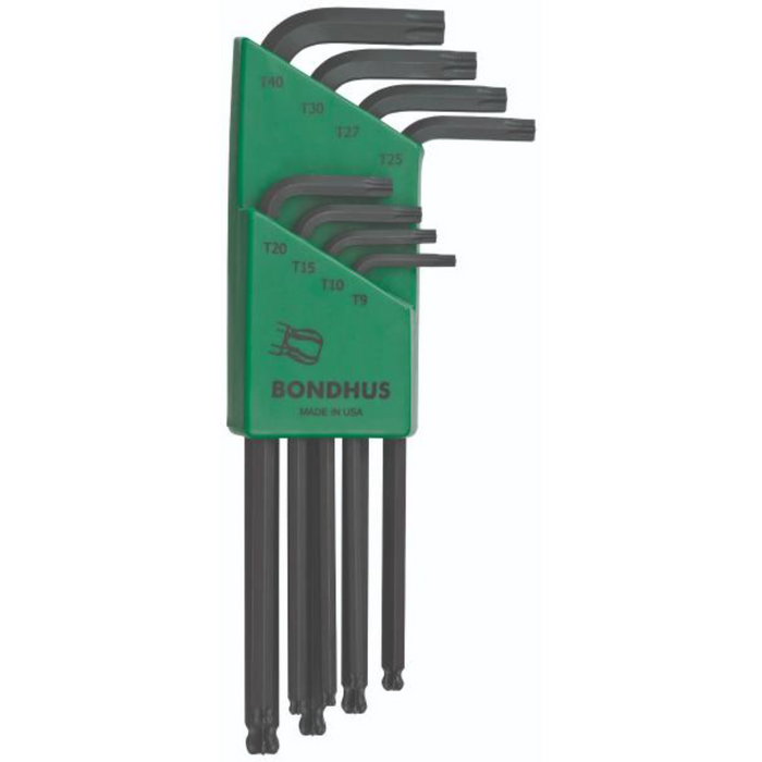 A close-up of a Torx BallStar L-Wrench 8 pc set with a gray ProGuard finish. in a green storage case