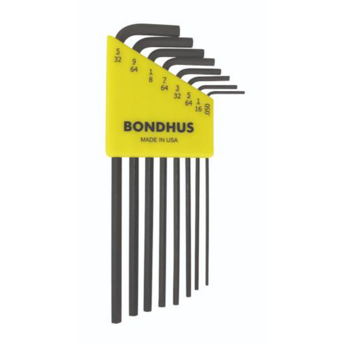 A set of BONDHUS branded hex keys in sizes ranging from 0.050 to 5/32 inches, with a yellow and black color scheme and long arm design for reaching screws.