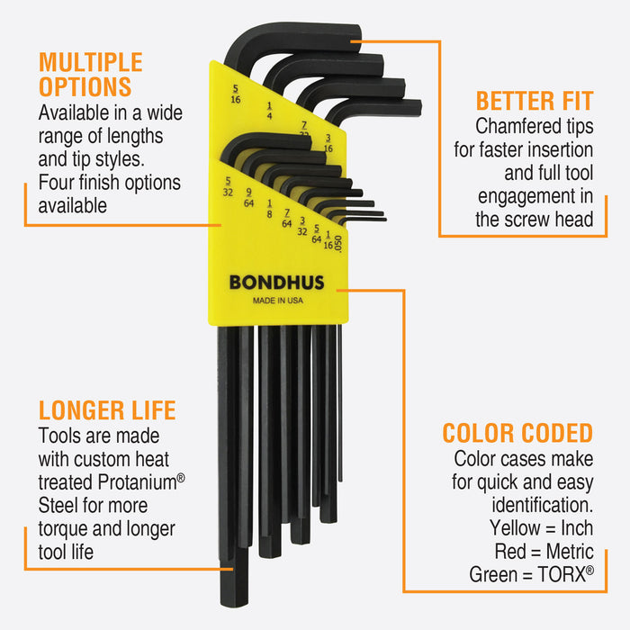 Set of Bondhus hex keys with features highlighted on a white background