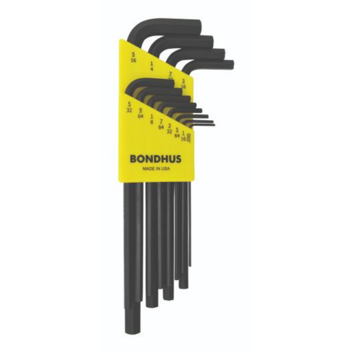 A set of Bondhus hex end imperial L-wrenches, displayed in a row with their respective sizes marked on a yellow background.