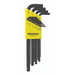 A set of Bondhus hex end imperial L-wrenches, displayed in a row with their respective sizes marked on a yellow background.