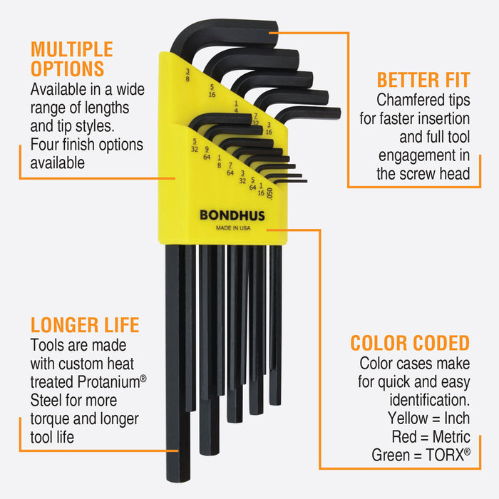 Set of Bondhus hex keys with features highlighted on a white background