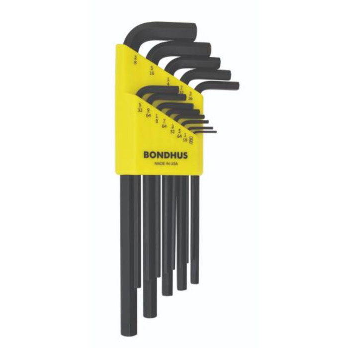 A set of 13 BONDHUS hex keys in sizes ranging from 0.050 to 3/8 inch, with a yellow handle and black tools, displayed in an open, yellow-handled holder.