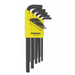 A set of 13 BONDHUS hex keys in sizes ranging from 0.050 to 3/8 inch, with a yellow handle and black tools, displayed in an open, yellow-handled holder.