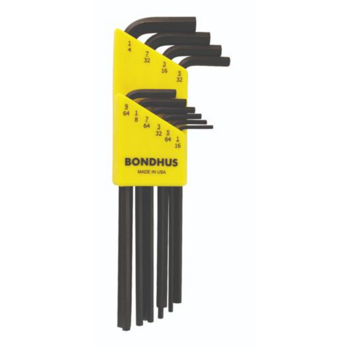 A set of 10 Bondhus hex keys in Imperial sizes from 1/16 inch to 1/4 inch, displayed in a yellow and black color scheme.