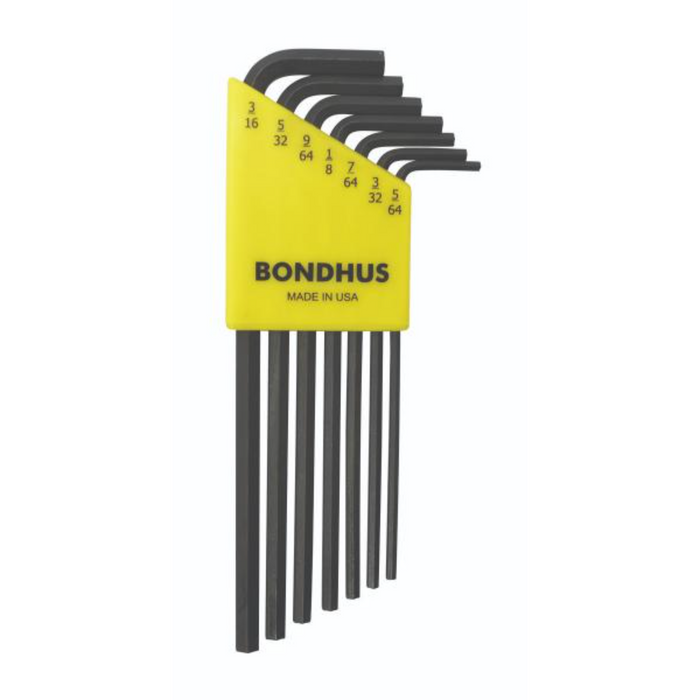 Set of 7 imperial black L-wrenches in a yellow Bondhus branded holder. contains sizes 3/16, 5/32, 9/64, 1/8, 7/64, 3/32, 5/64