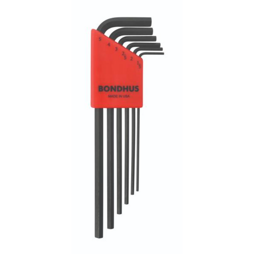 A set of 6 black hex keys in a  Bondhus branded red colour coded holder pn a white background