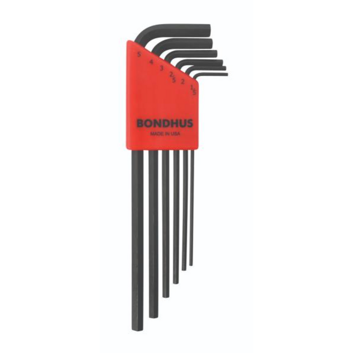 A set of 6 black hex keys in a  Bondhus branded red colour coded holder pn a white background