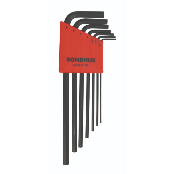 A set of BONDHUS branded hex keys in sizes 1.5mm, 2mm, 2.5mm, 3mm, 4mm, 5mm, and 6mm, with a red and black color scheme.