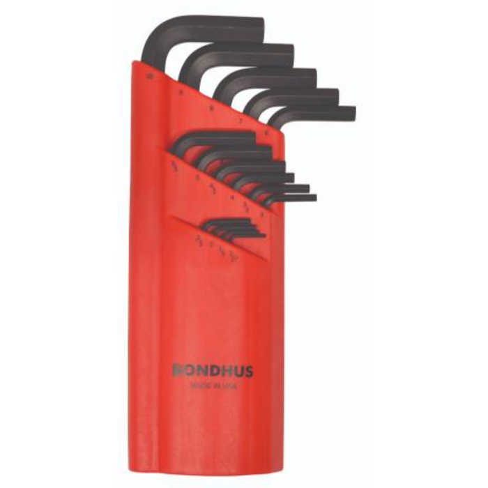 A red BONDHUS HLX15M Hex Key 15-piece metric set with black hex tips, arranged in a sleeve-style holder.