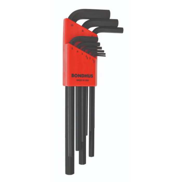 A set of nine black Bondhus hex keys in metric sizes displayed in a red stand.