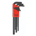A set of nine black Bondhus hex keys in metric sizes displayed in a red stand.