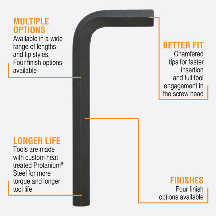 Black hex key tool with features highlighted on a white background